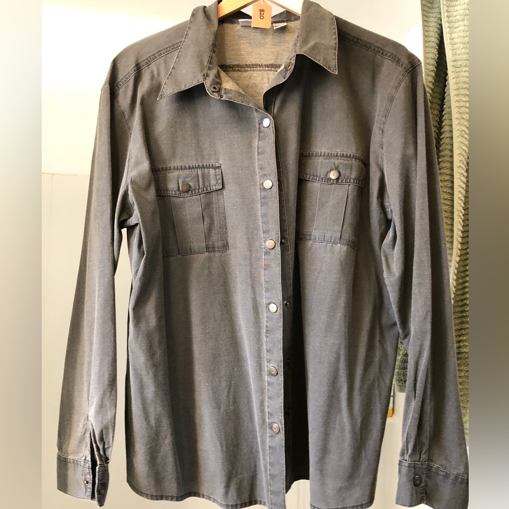 CHICOS Cotton Blend Long Button Down